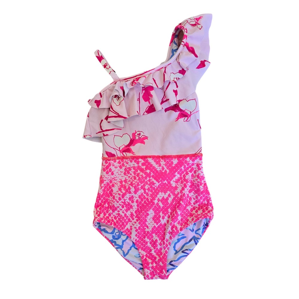 Maaji Girls One Piece Ruffle Swimsuit Snakeskin Floral Pink Blue Size 4